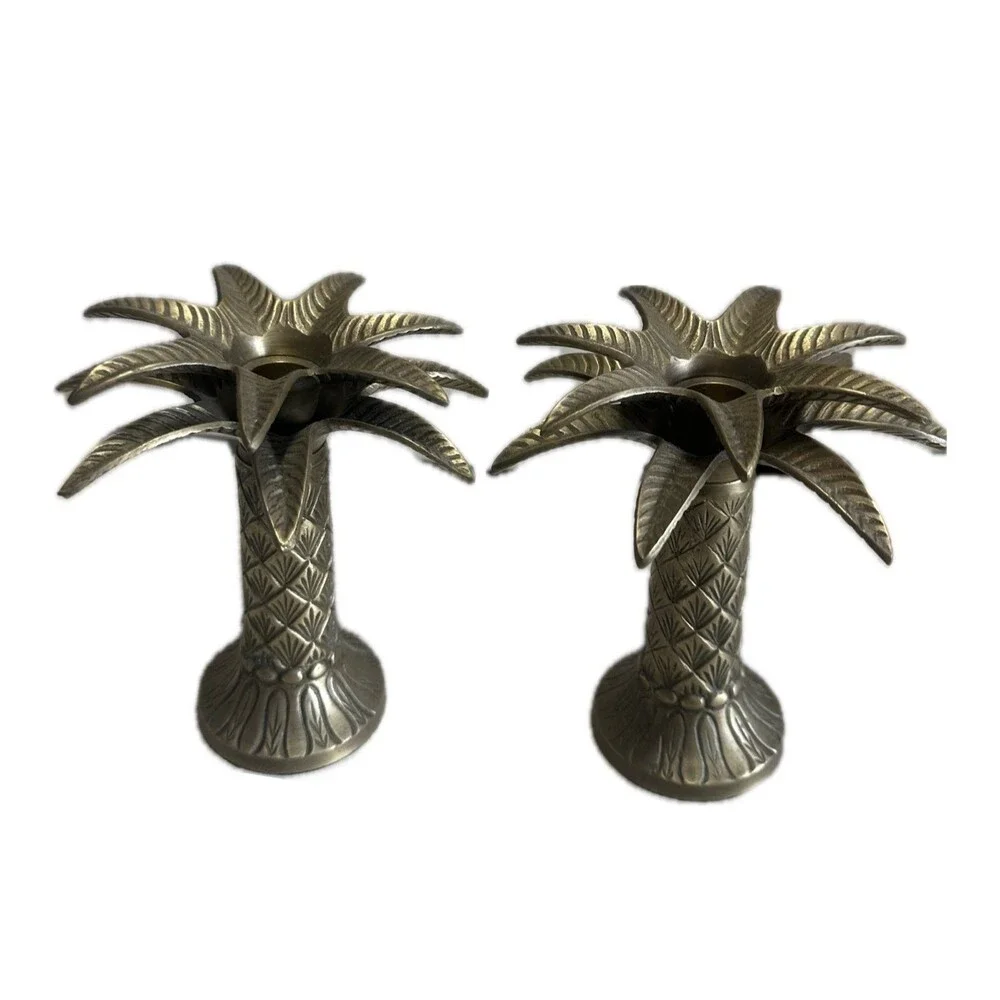 Vintage Engraved Brass Mid Century Palm Tree Taper Candle Holders Set